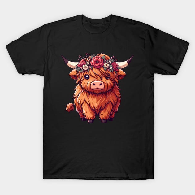 Kawaii scottish highland cow with flower crown T-Shirt by TomFrontierArt